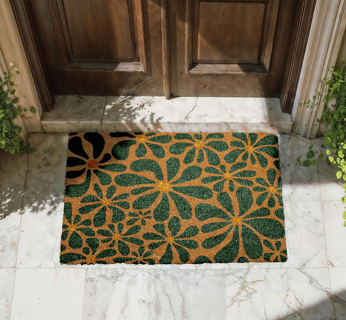Botanical Pattern Coir Doormat, Floral Entryway Mat, Flower Design Coco Door Mat