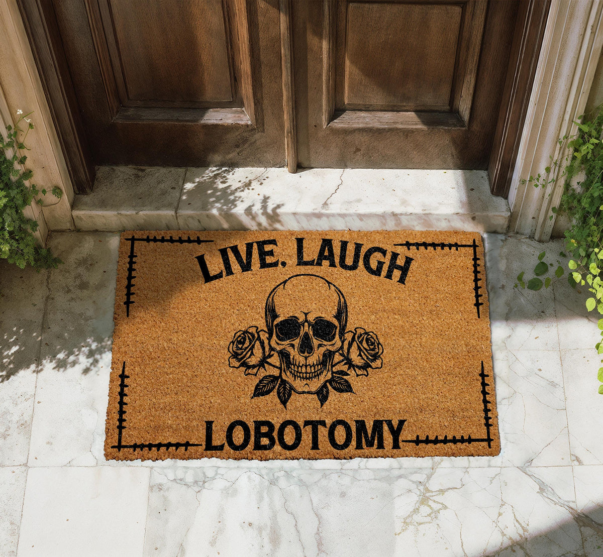 Live Laugh Lobotomy Welcome Mat, Gothic Skull Doormat, Halloween Front Porch Rug
