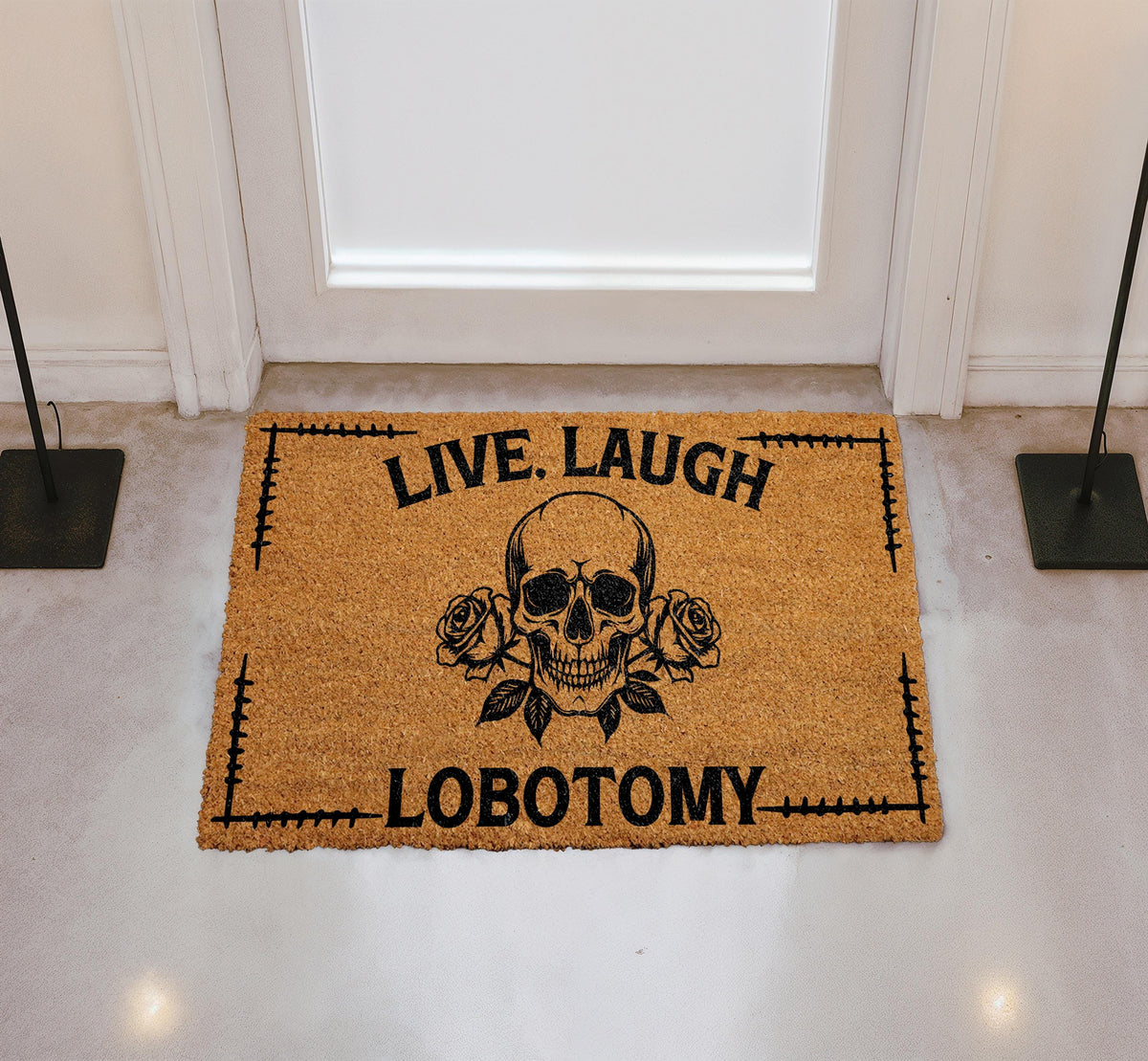 Live Laugh Lobotomy Welcome Mat, Gothic Skull Doormat, Halloween Front Porch Rug