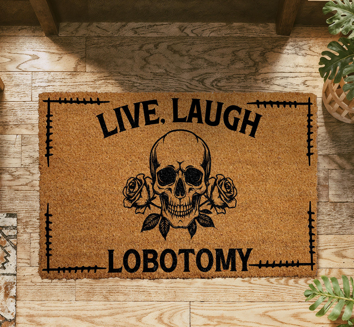 Live Laugh Lobotomy Welcome Mat, Gothic Skull Doormat, Halloween Front Porch Rug