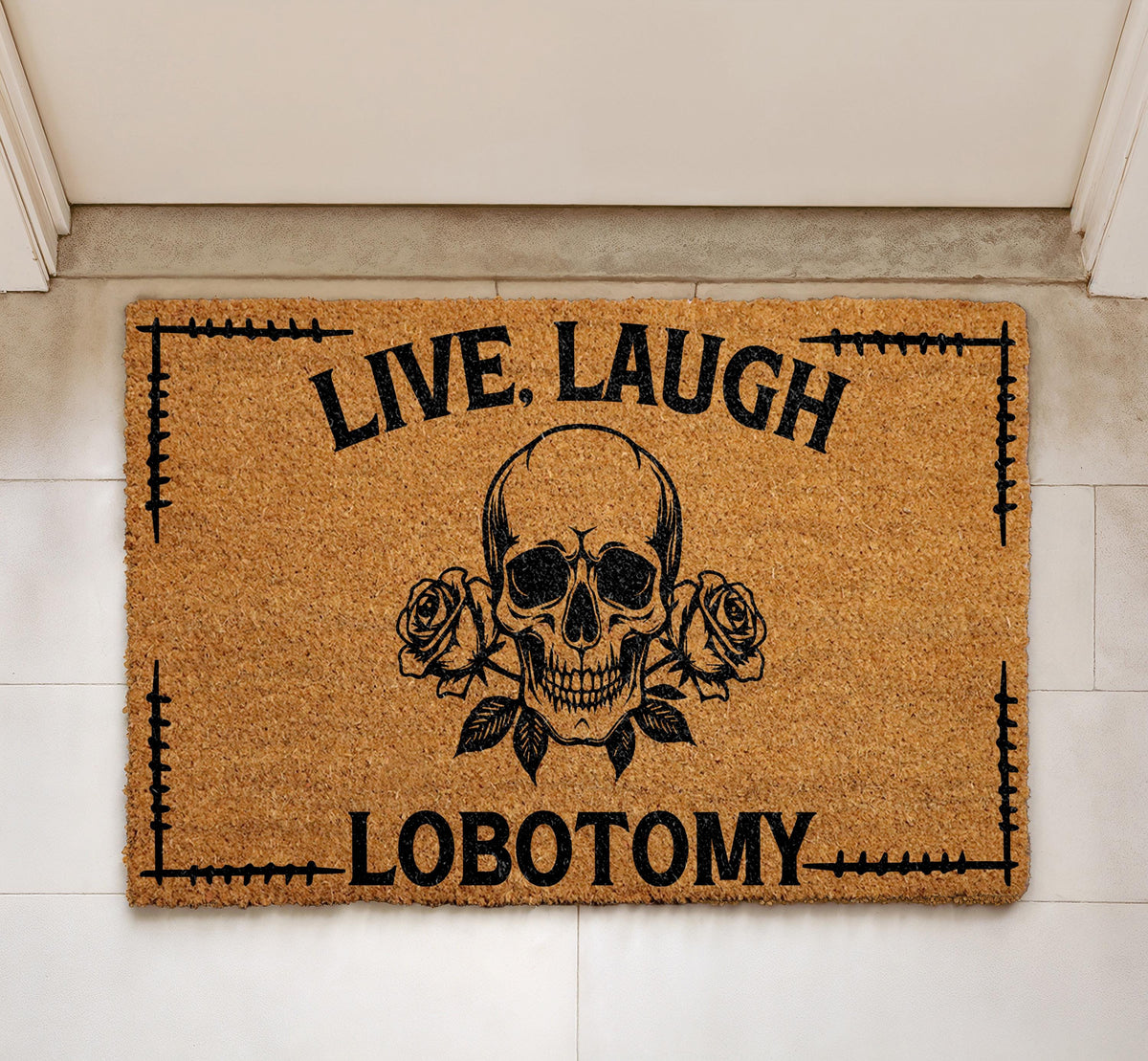 Live Laugh Lobotomy Welcome Mat, Gothic Skull Doormat, Halloween Front Porch Rug