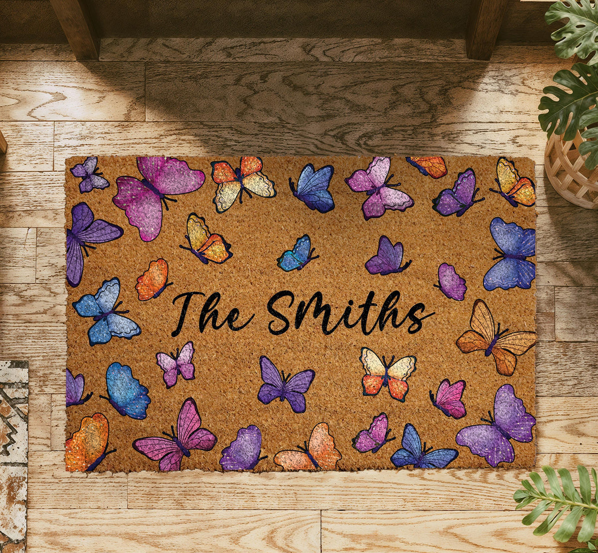 Personalized Butterfly Doormat, Colorful Monarch Butterflies Welcome Mat