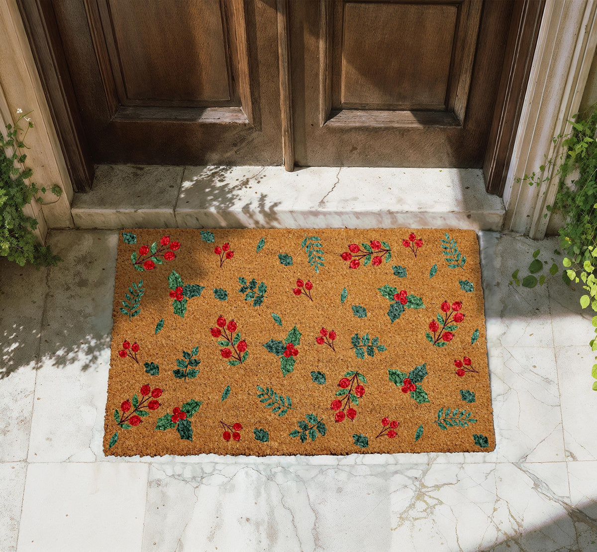 Christmas Holly Berry Doormat, Holiday Festive Welcome Mat, Berry Pattern Xmas Door Mat