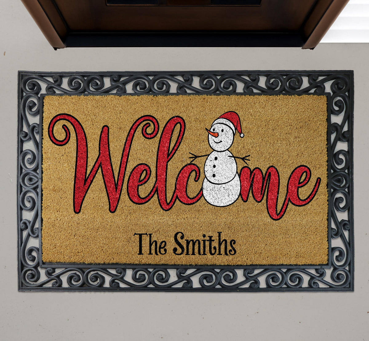 Personalized Snowman Welcome Mat, Custom Family Name Holiday Doormat