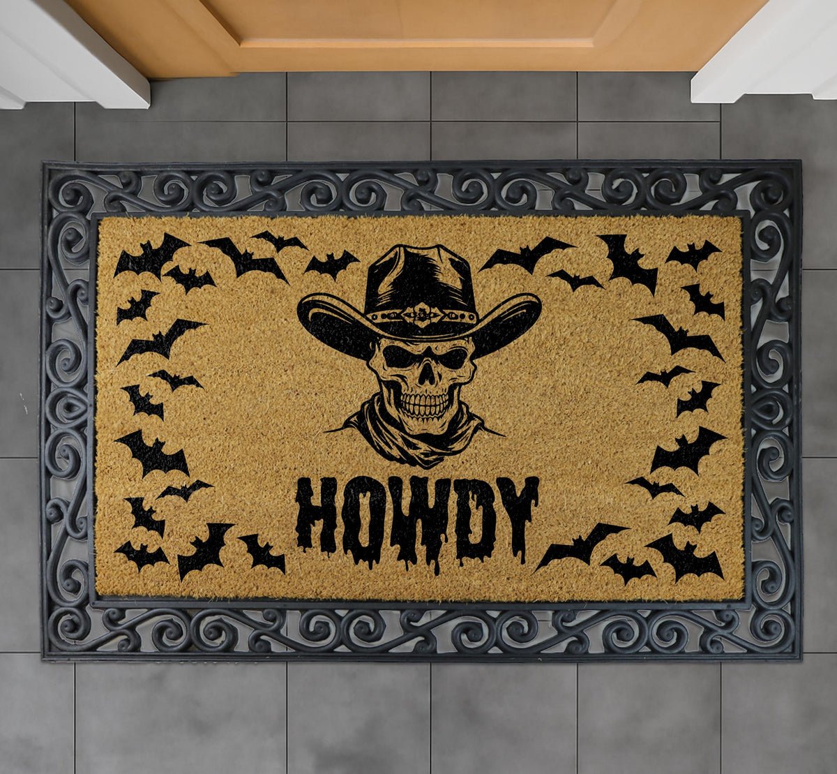 Howdy Skull Cowboy Welcome Mat, Western Halloween Doormat, Gothic Cowboy Front Porch Decor