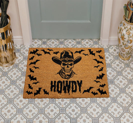 Howdy Skull Cowboy Welcome Mat, Western Halloween Doormat, Gothic Cowboy Front Porch Decor