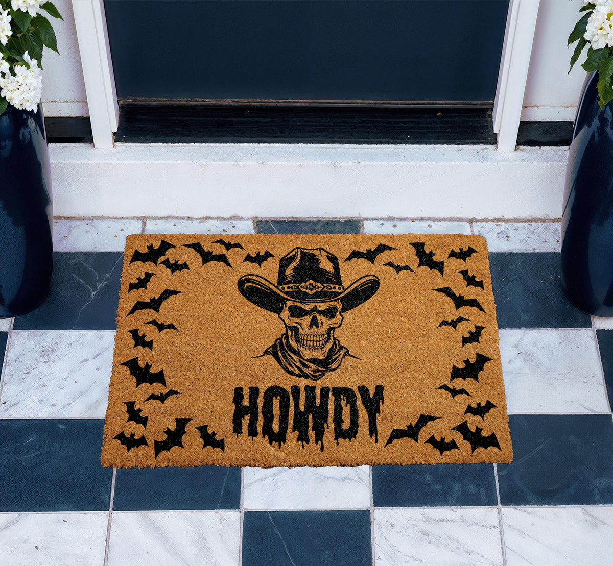 Howdy Skull Cowboy Welcome Mat, Western Halloween Doormat, Gothic Cowboy Front Porch Decor
