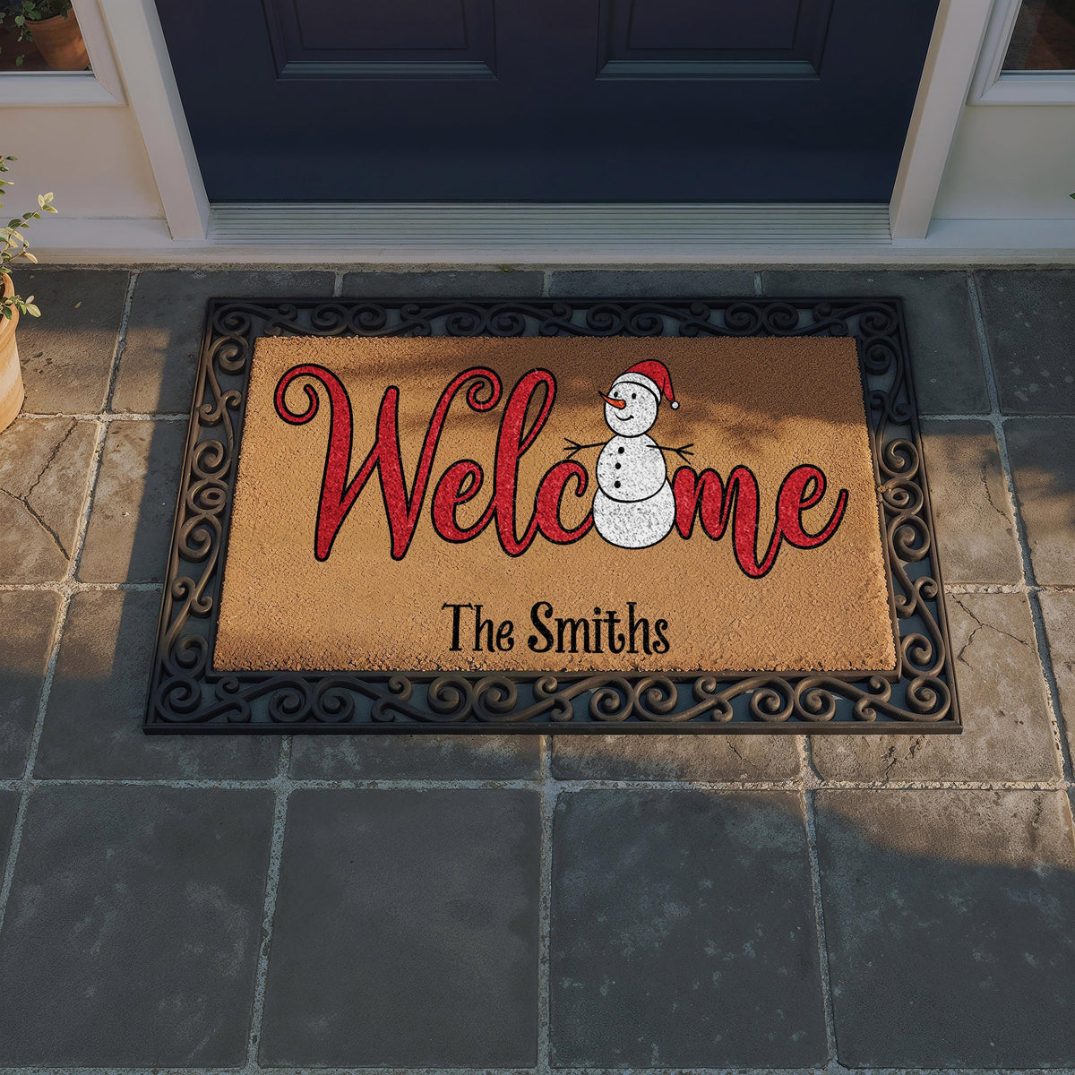 Personalized Snowman Welcome Mat, Custom Family Name Holiday Doormat