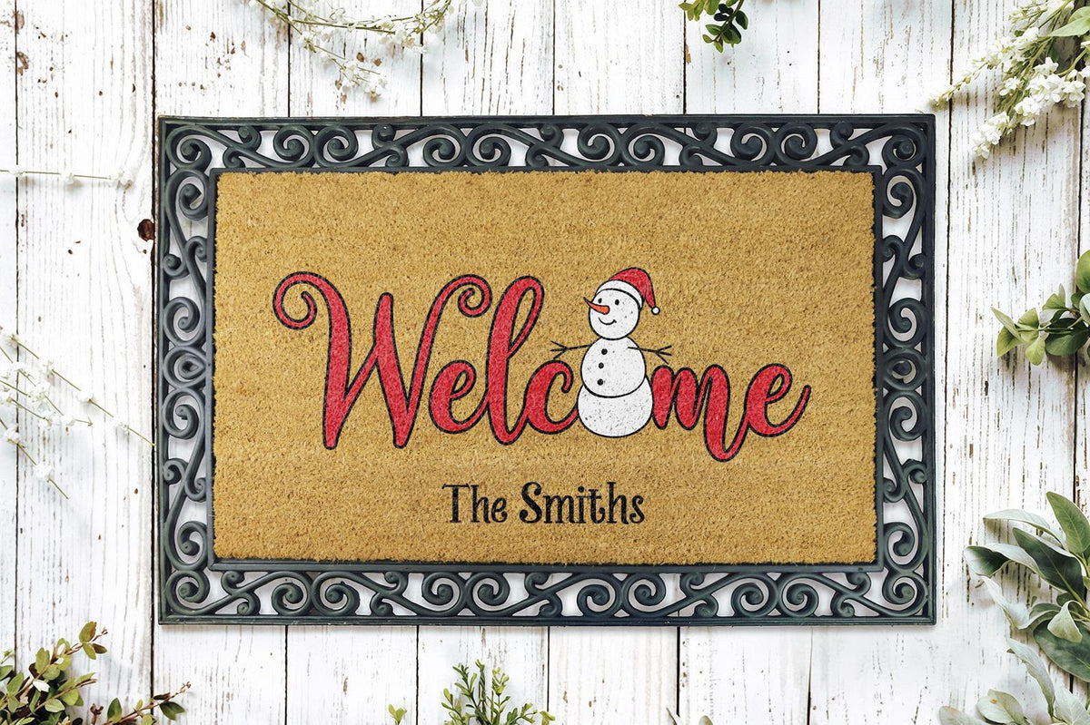 Personalized Snowman Welcome Mat, Custom Family Name Holiday Doormat