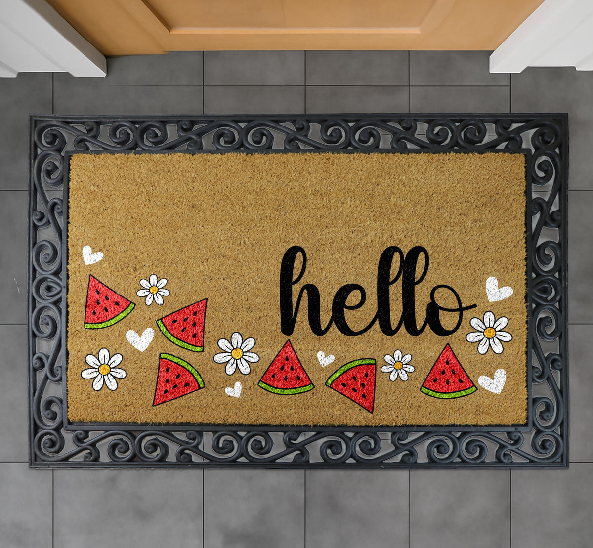 Watermelon & Daisy Doormat, Hello Door Mat, Summer Vibes Home Decor, Cute Front Porch Rug