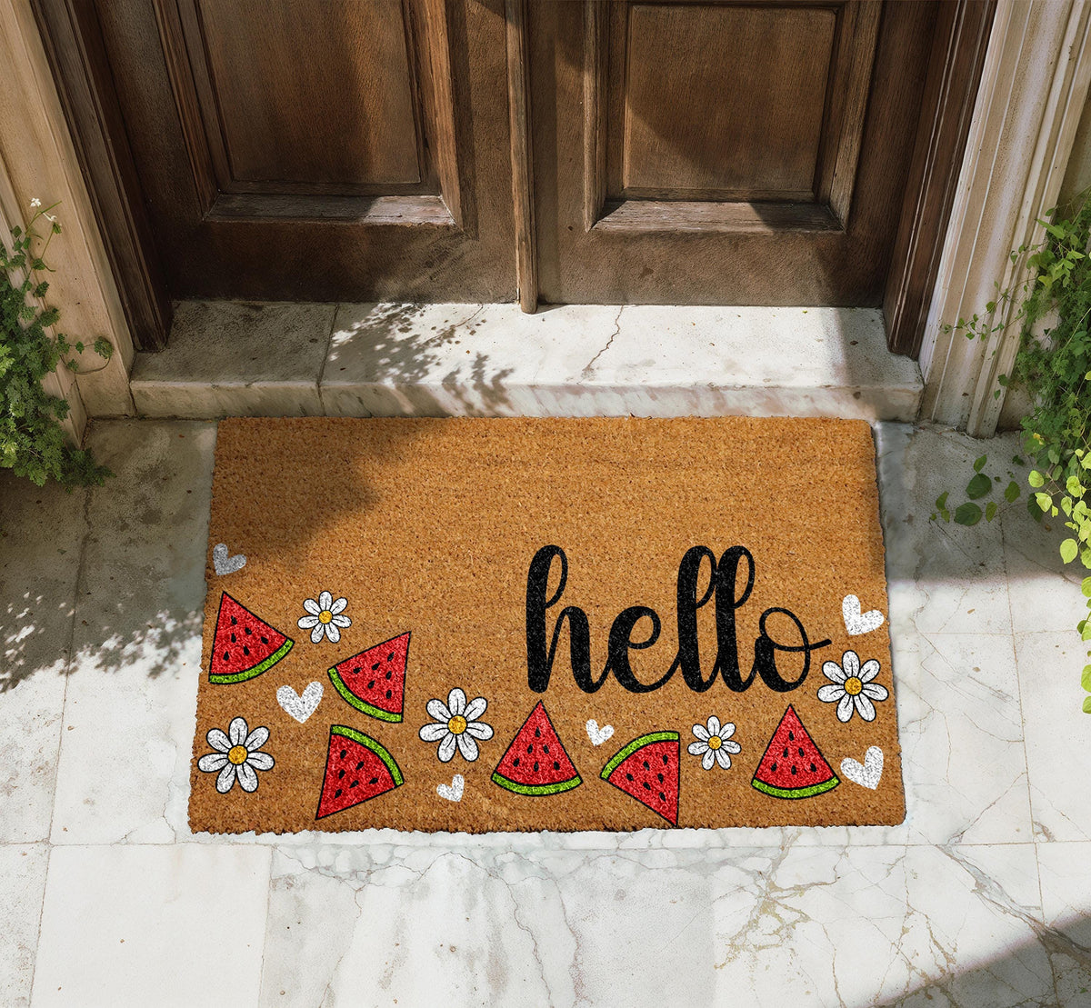 Watermelon & Daisy Doormat, Hello Door Mat, Summer Vibes Home Decor, Cute Front Porch Rug