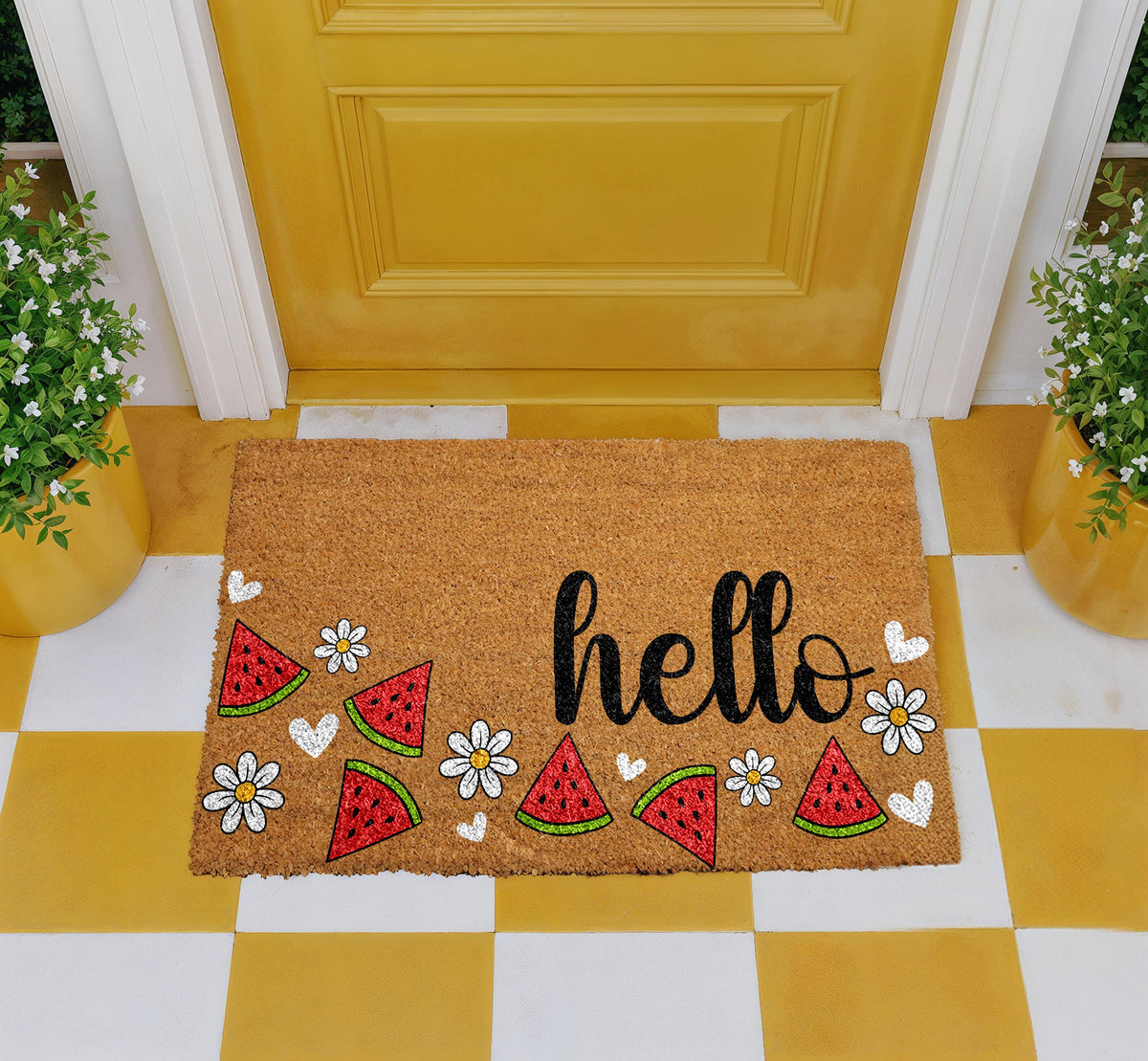 Watermelon & Daisy Doormat, Hello Door Mat, Summer Vibes Home Decor, Cute Front Porch Rug