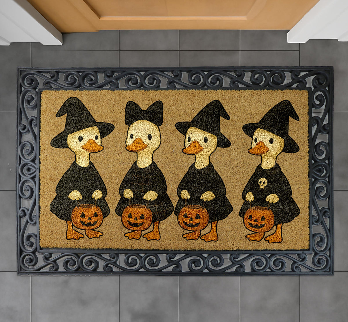 Witch Ducks Halloween Doormat, Witchy Goose Welcome Mat, Trick or Treat Home Decor