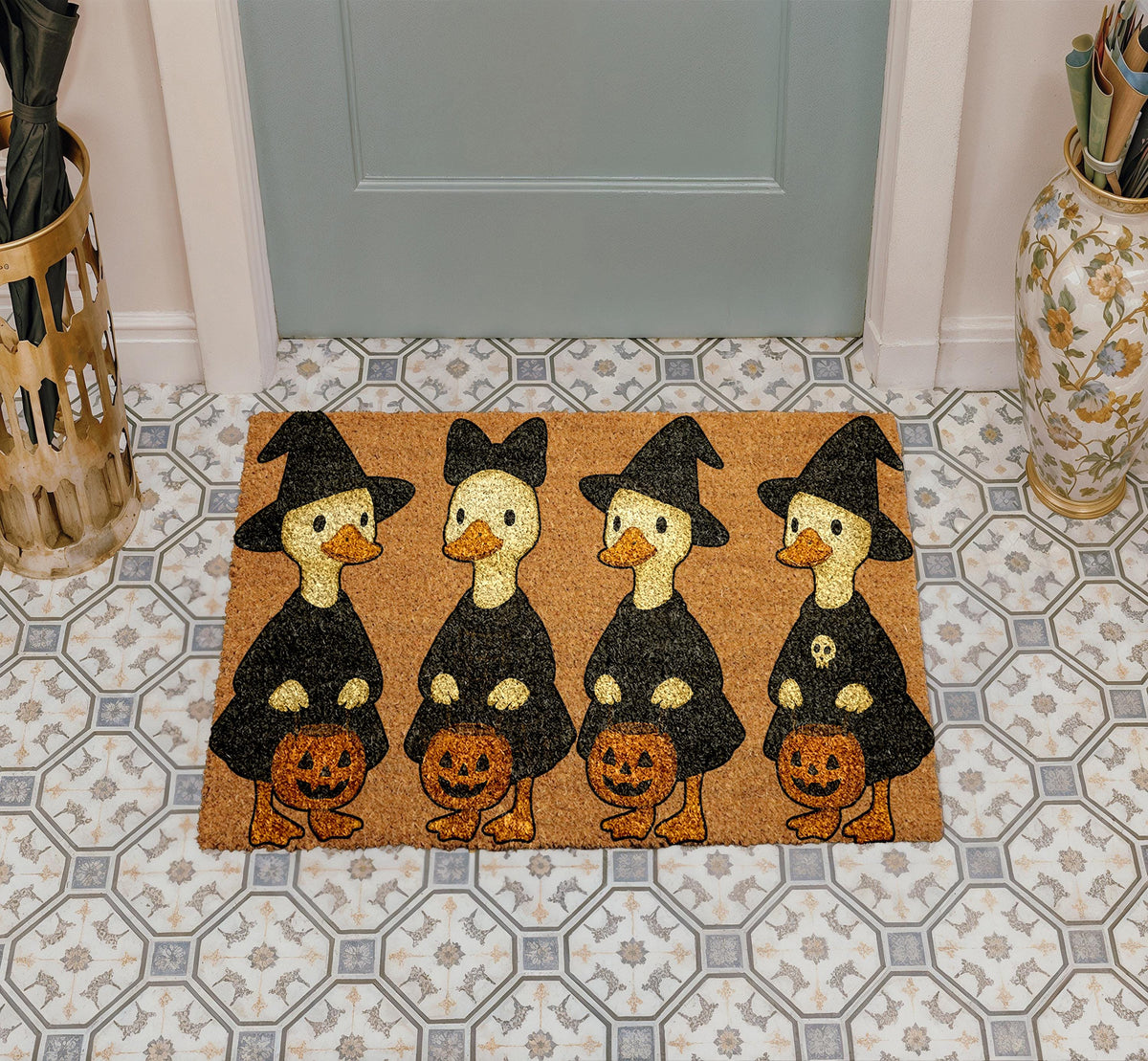 Witch Ducks Halloween Doormat, Witchy Goose Welcome Mat, Trick or Treat Home Decor