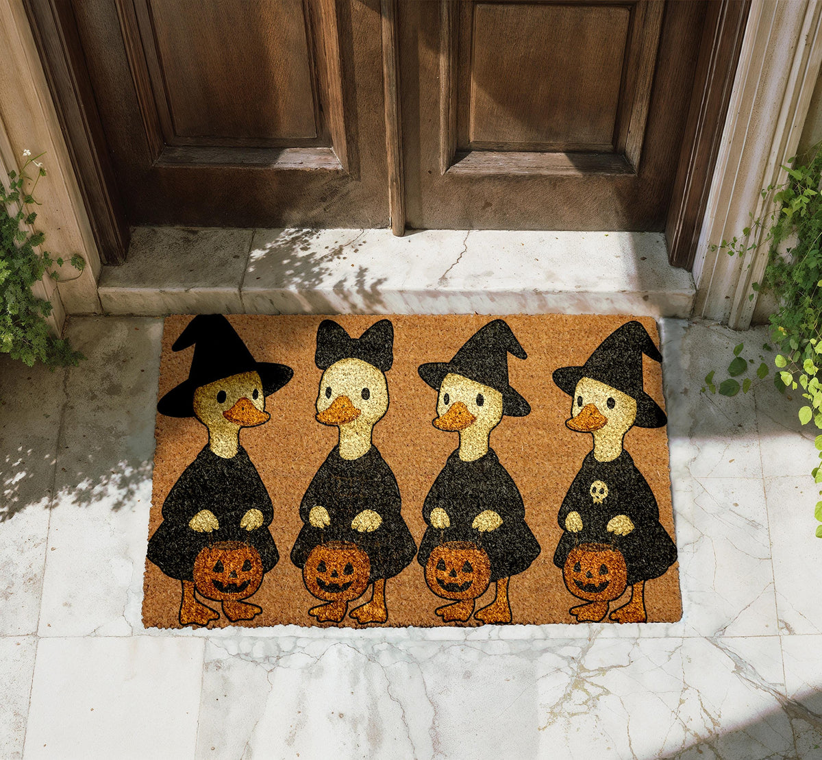 Witch Ducks Halloween Doormat, Witchy Goose Welcome Mat, Trick or Treat Home Decor