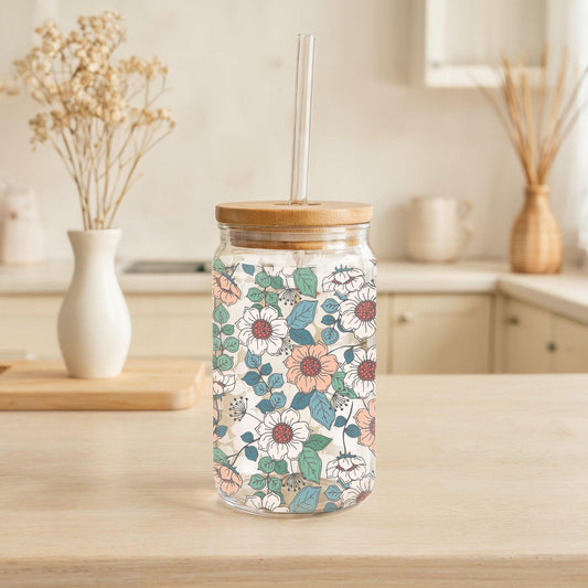 Vintage Flower Glass Tumbler, Cottage Core Can Glass Tumbler With Bamboo Lid