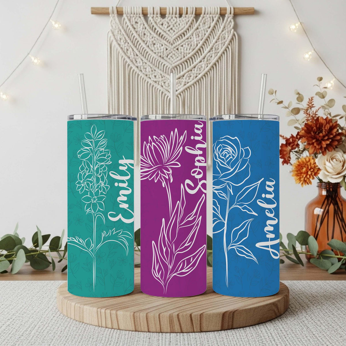 Custom Name Birth Flower Design Insulated Tumbler, Colorful Floral Coffee Lover Gift