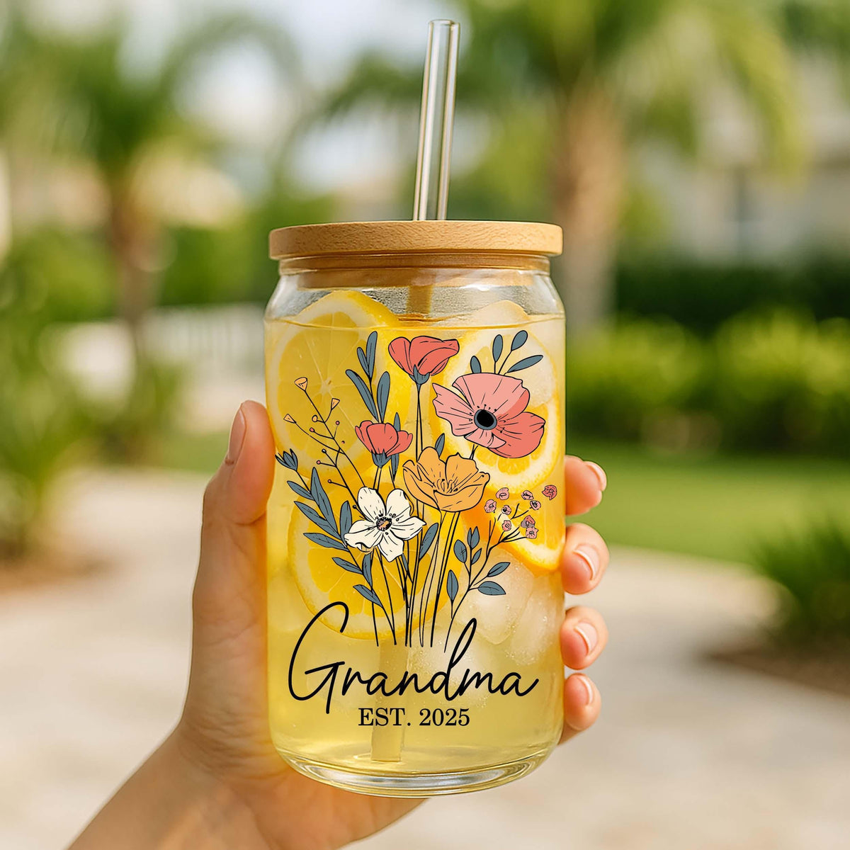 New Grandma Est. Year Can Glass Tumbler, Floral Pregnancy Reveal Gift