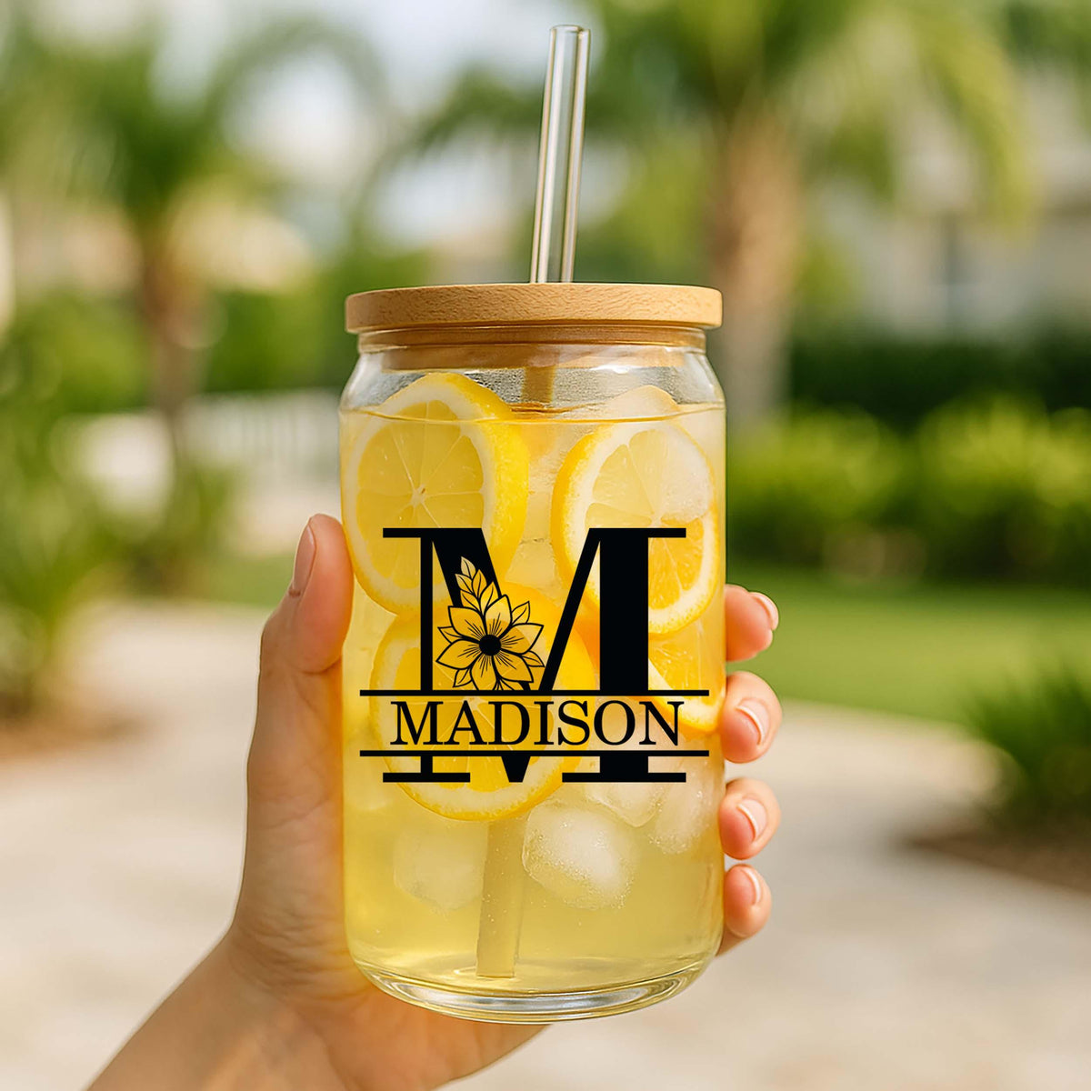 Custom Name & Initial Glass Can Tumbler, Personalized Monogram Floral Cup