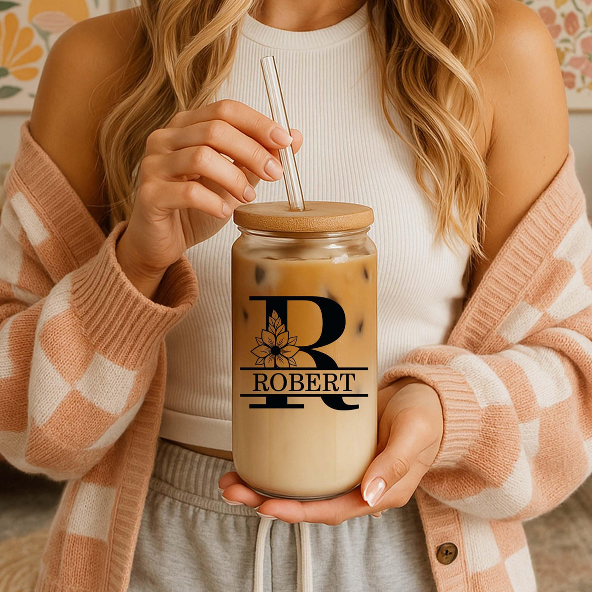 Custom Name & Initial Glass Can Tumbler, Personalized Monogram Floral Cup