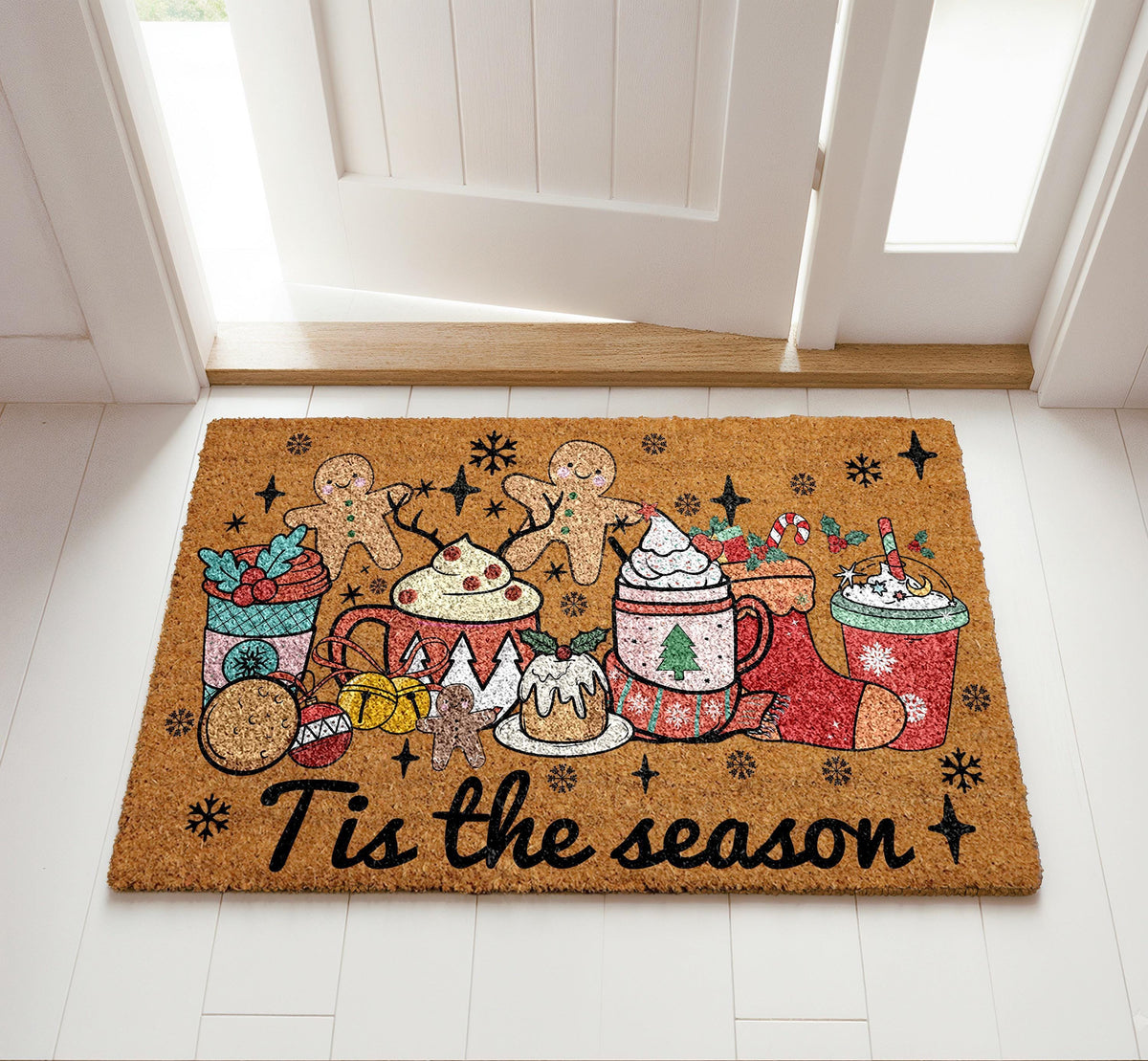 Funny Holiday Season Front Porch Welcome Mat, Christmas Icons Design Doormat