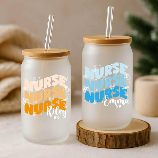 Customizable Groovy Nurse Can Glass Cup, Colorful RN - NP Iced Coffee Cup