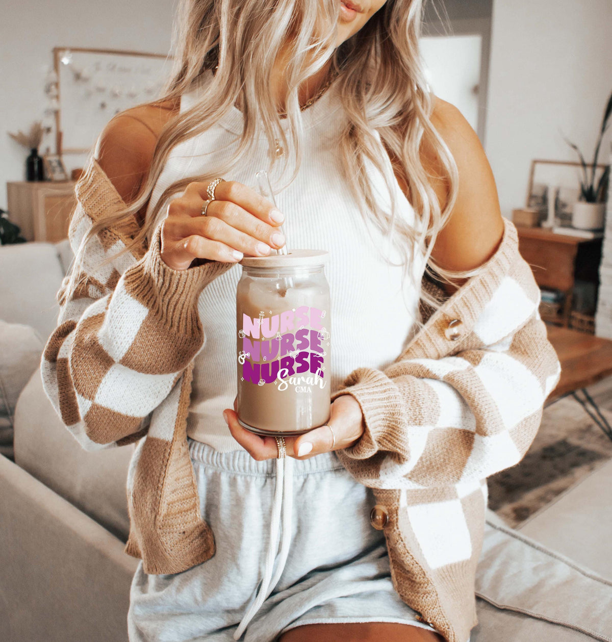 Customizable Groovy Nurse Can Glass Cup, Colorful RN - NP Iced Coffee Cup