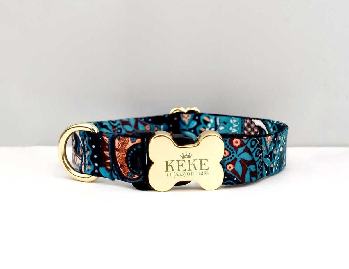 Custom Name Engraved Paisley Dog Collar, Adjustable Personalized Pet Collar