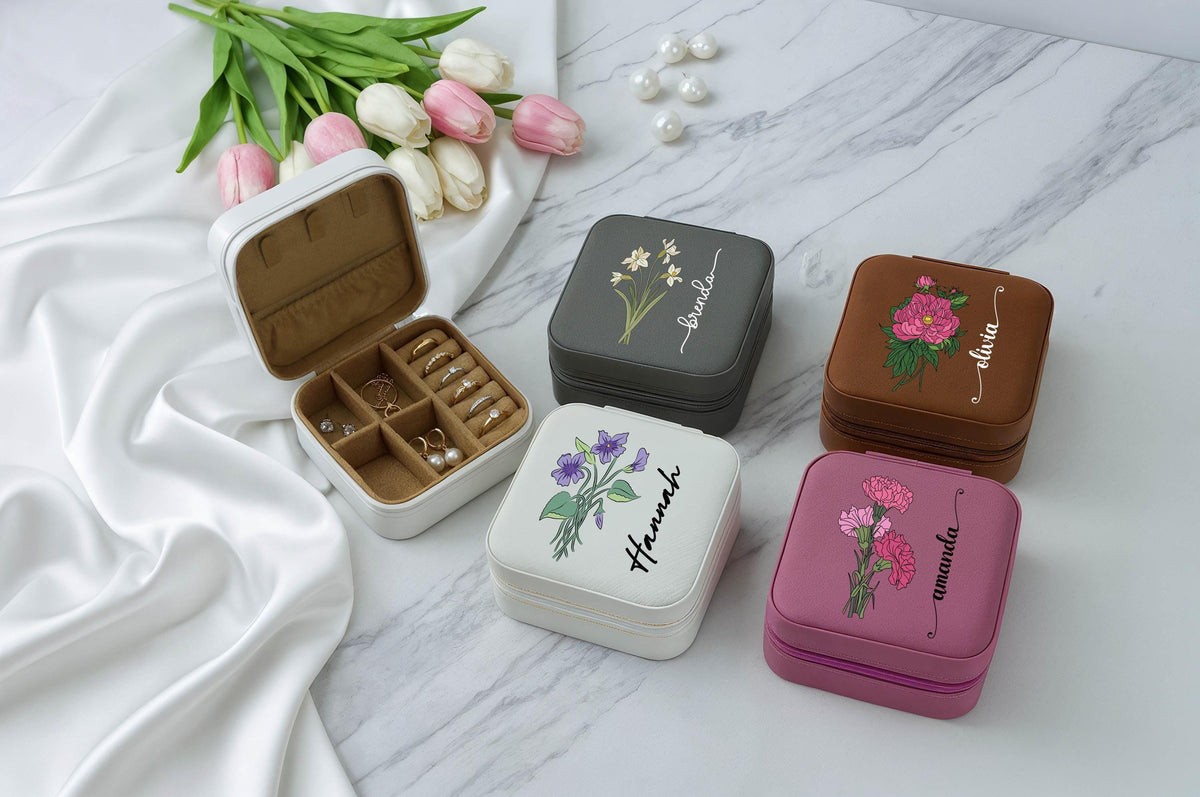 Personalized Birth Month Flower Jewelry Box, Custom Name Floral Jewelry Organizer