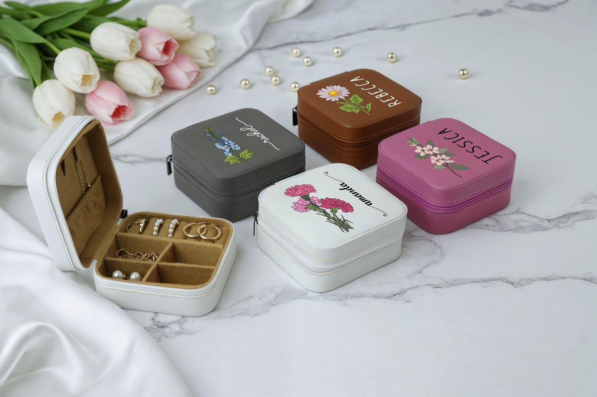 Personalized Birth Month Flower Jewelry Box, Custom Name Floral Jewelry Organizer