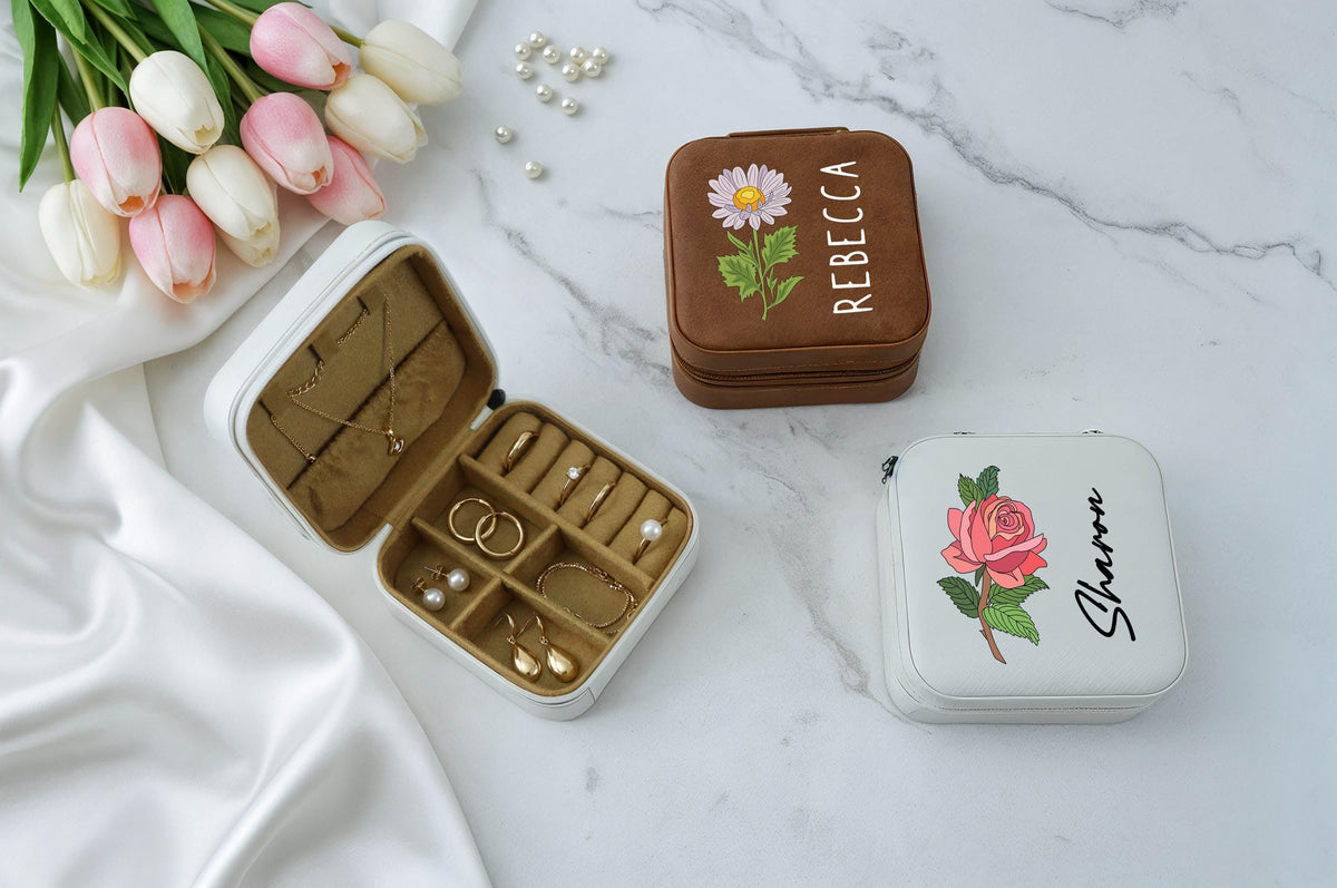 Personalized Birth Month Flower Jewelry Box, Custom Name Floral Jewelry Organizer