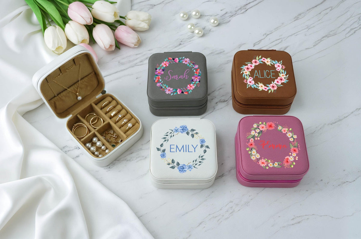 Personalized Floral Wreath Design Jewelry Box, Matching Bridesmaids Accessory Box