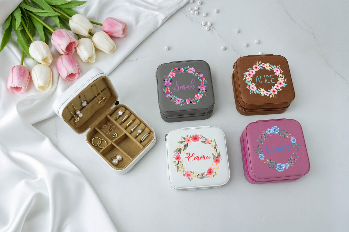 Personalized Floral Wreath Design Jewelry Box, Matching Bridesmaids Accessory Box
