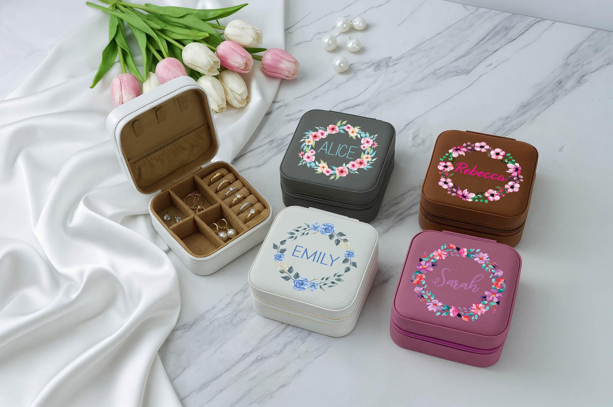 Personalized Floral Wreath Design Jewelry Box, Matching Bridesmaids Accessory Box