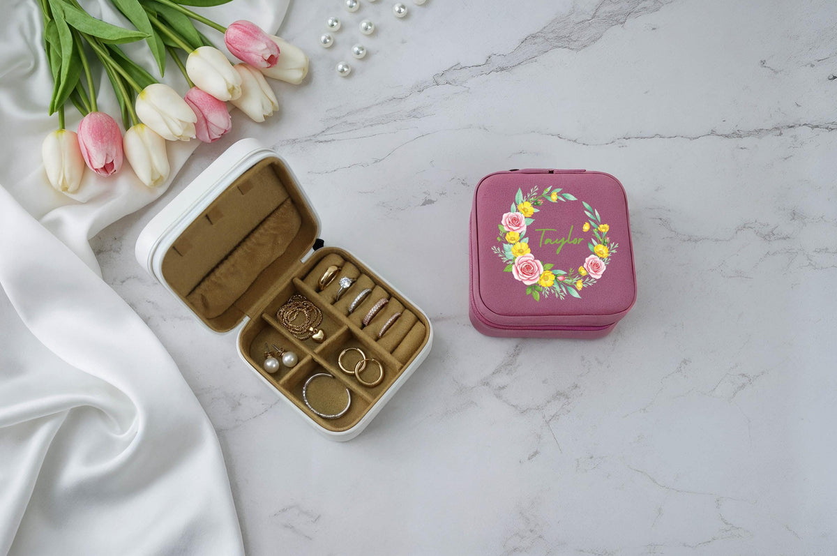 Personalized Floral Wreath Design Jewelry Box, Matching Bridesmaids Accessory Box