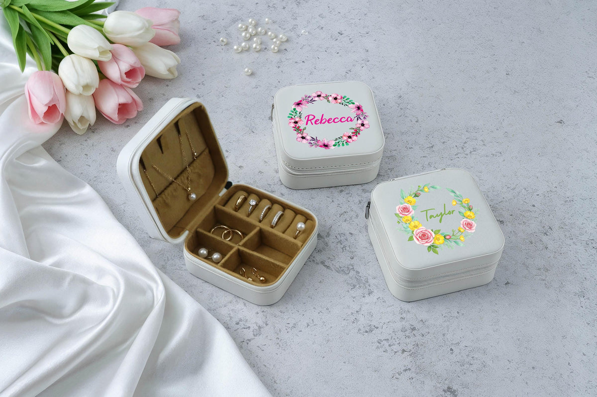 Personalized Floral Wreath Design Jewelry Box, Matching Bridesmaids Accessory Box