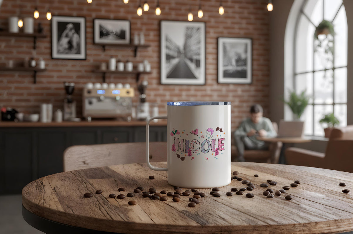 Personalized Cross Stitch Look Name Mug, Hot Cocoa Camp Mug, Patchwork Steel Coffee Mug
