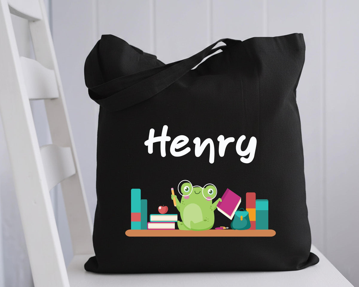 Custom Bookish Frog Tote Bag, Book Lover Gift Tote, Bookworm Frog School Tote Bag