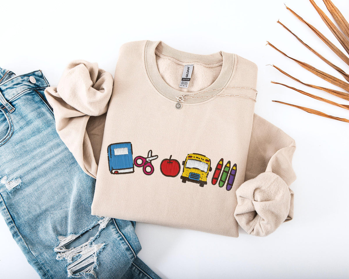 Embroidered School Time Sweatshirt, Cute Teacher Sweater, Embroidery School Icons Hoodie, Education Sweater, Teacher Appreciation Gift