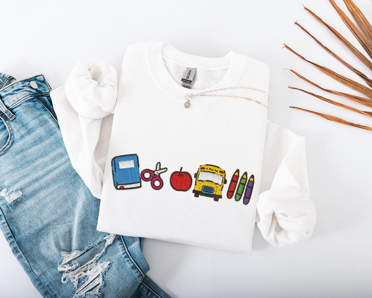 Embroidered School Time Sweatshirt, Cute Teacher Sweater, Embroidery School Icons Hoodie, Education Sweater, Teacher Appreciation Gift