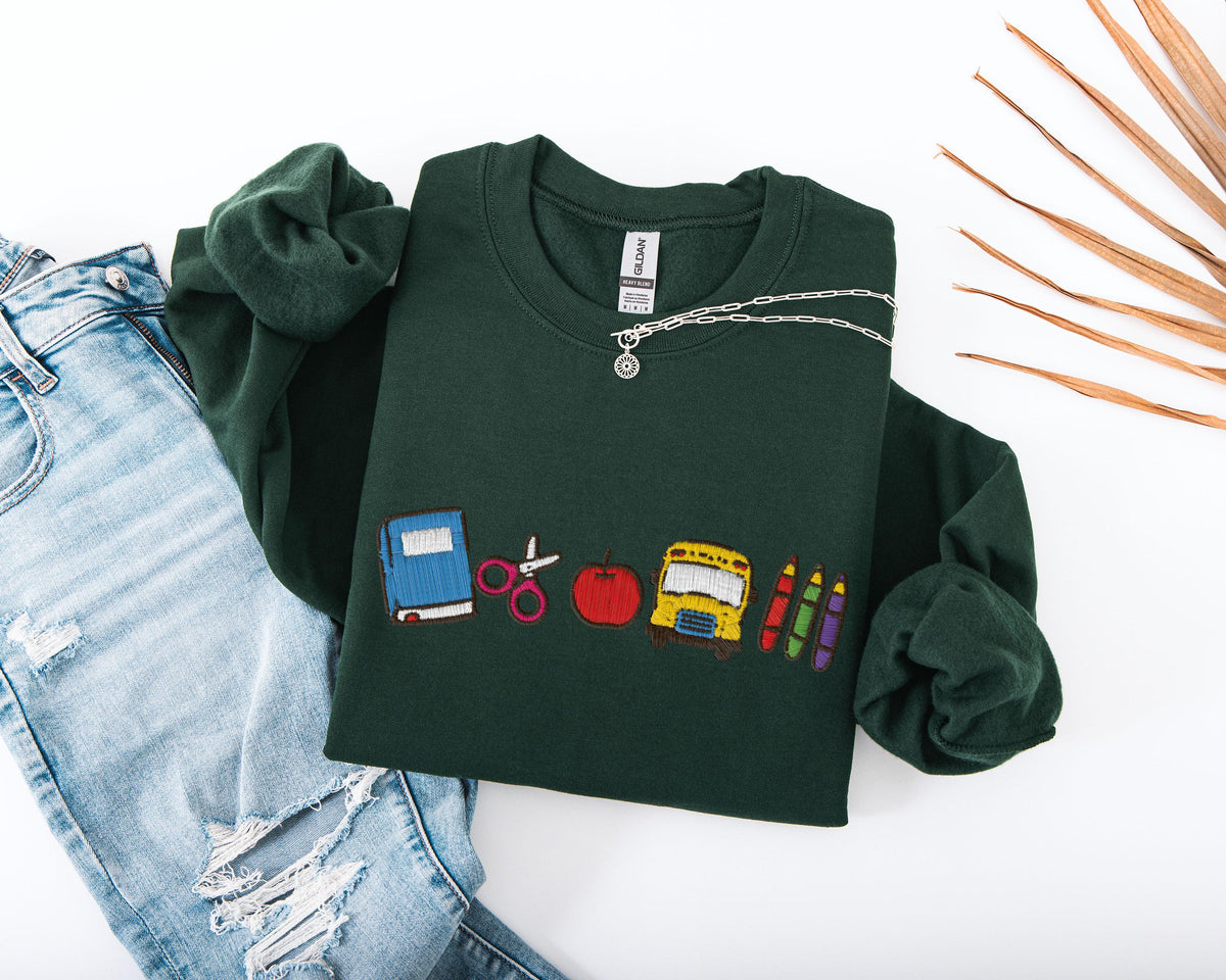 Embroidered School Time Sweatshirt, Cute Teacher Sweater, Embroidery School Icons Hoodie, Education Sweater, Teacher Appreciation Gift
