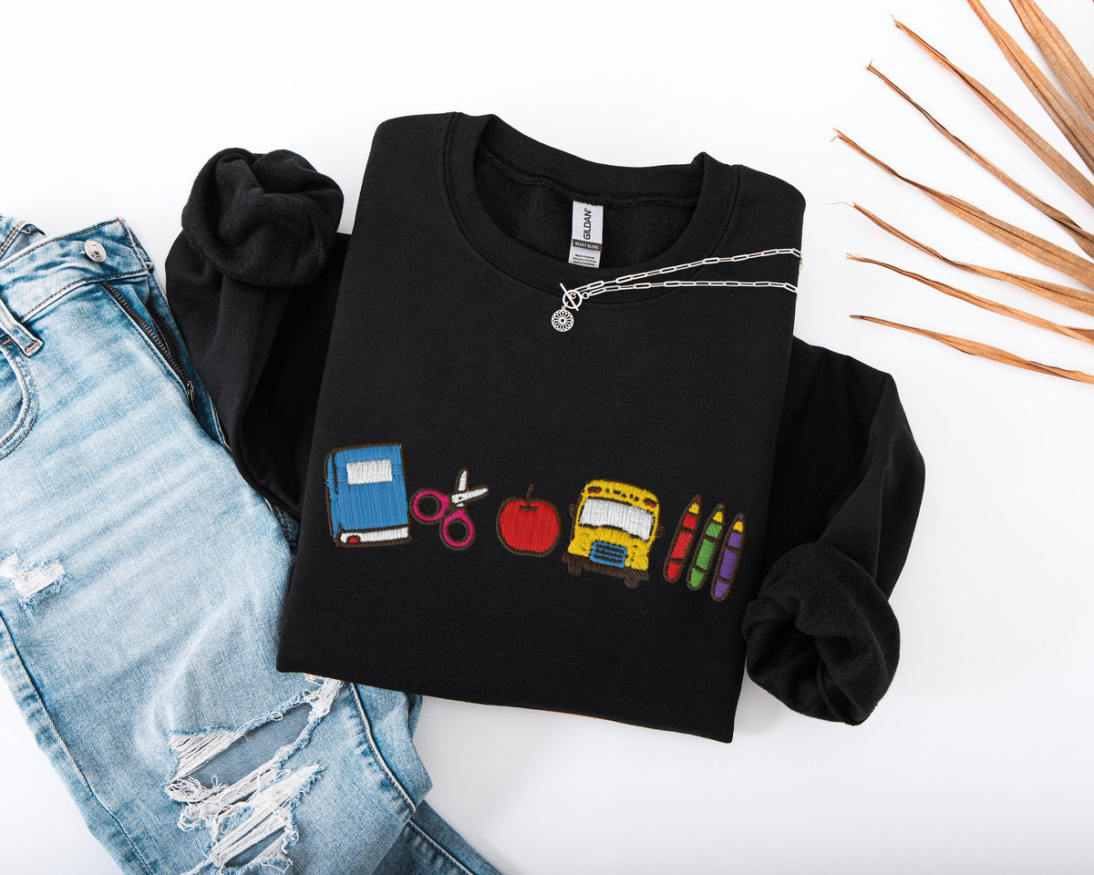 Embroidered School Time Sweatshirt, Cute Teacher Sweater, Embroidery School Icons Hoodie, Education Sweater, Teacher Appreciation Gift