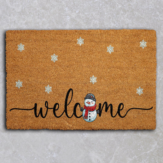 Snowmen Welcome Mat, Christmas Doormat With Snowflakes, Holiday Season Home Entrance Decor