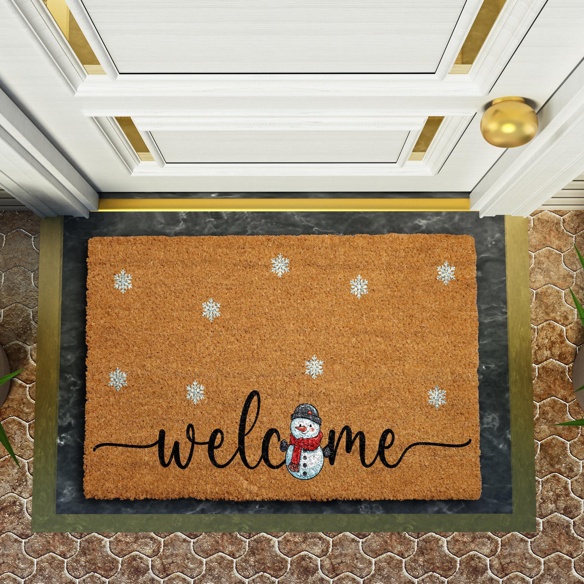 Snowmen Welcome Mat, Christmas Doormat With Snowflakes, Holiday Season Home Entrance Decor