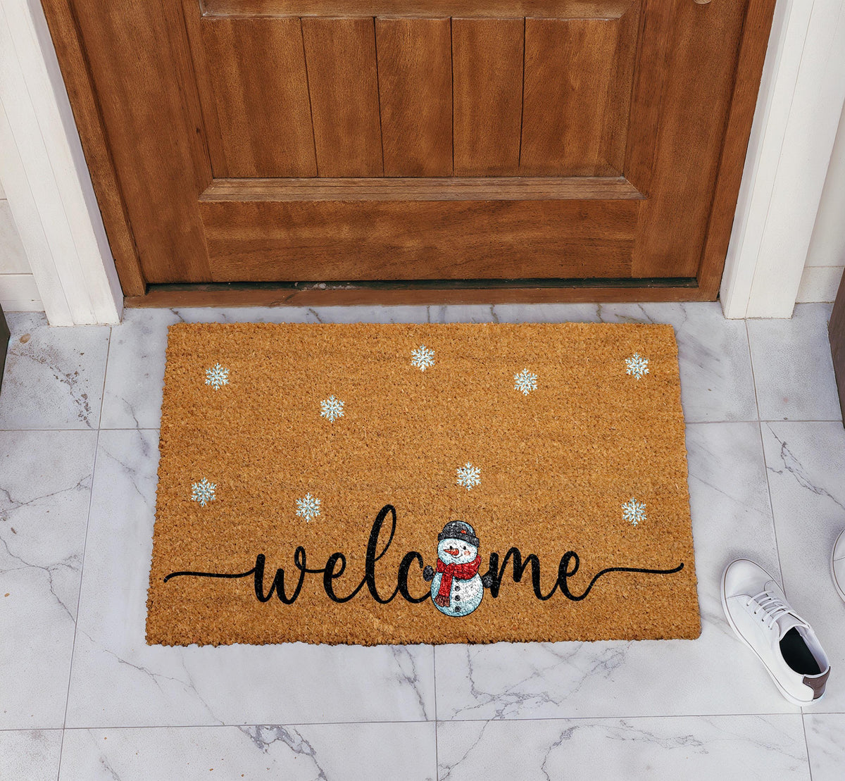Snowmen Welcome Mat, Christmas Doormat With Snowflakes, Holiday Season Home Entrance Decor