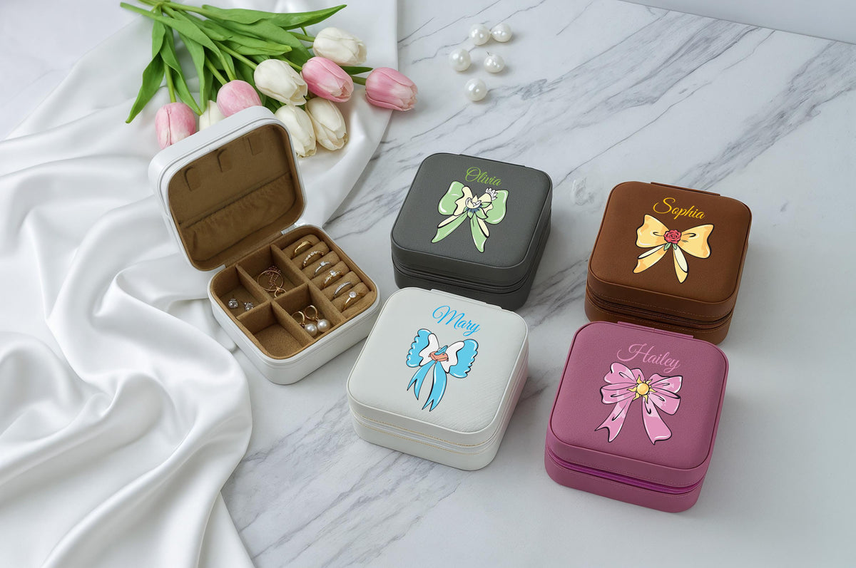 Custom Name Coquette Design Jewelry Box, Leatherette Bacheloratte Party Favor