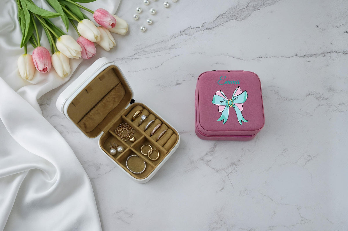 Custom Name Coquette Design Jewelry Box, Leatherette Bacheloratte Party Favor