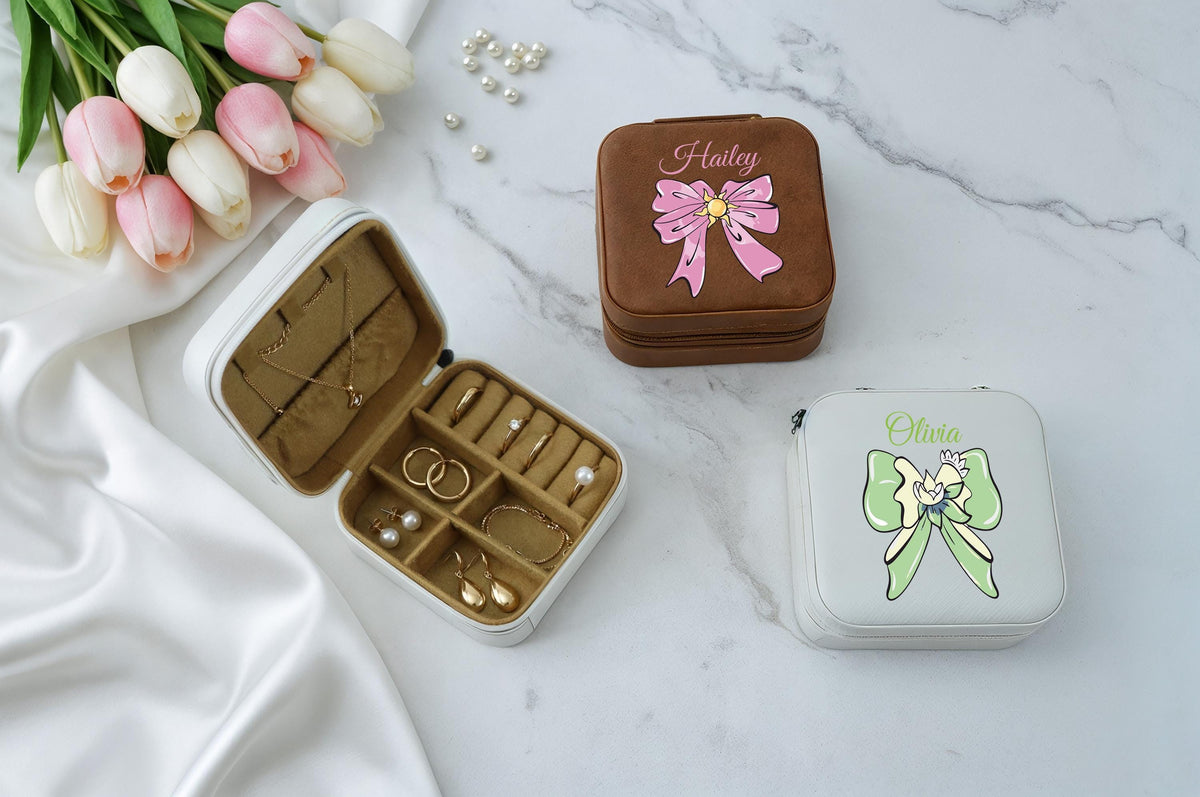 Custom Name Coquette Design Jewelry Box, Leatherette Bacheloratte Party Favor