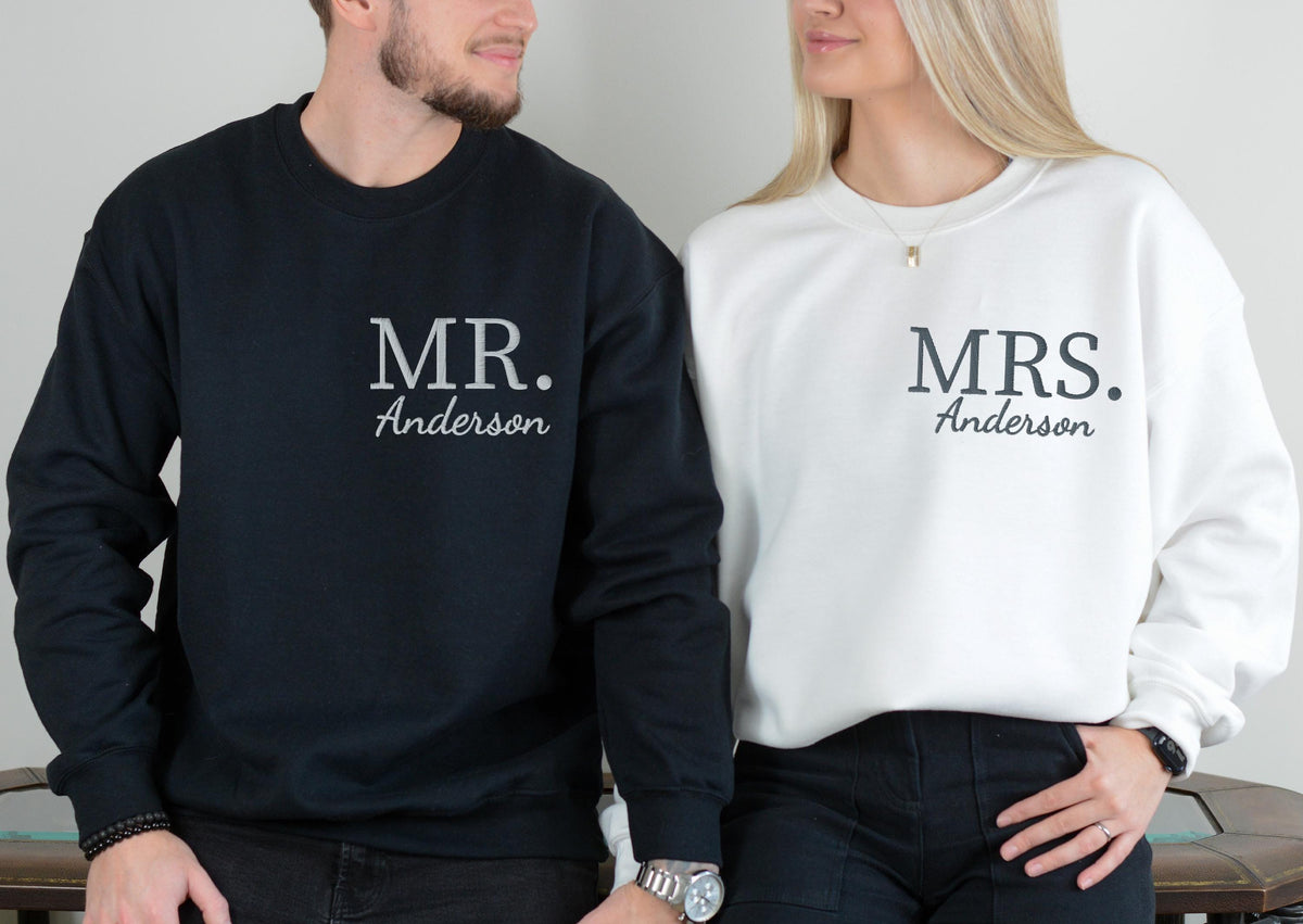Mr & Mrs Embroidered Sweatshirt, Custom Honeymoon Embroidery Hoodie, Husband And Wife Sweater