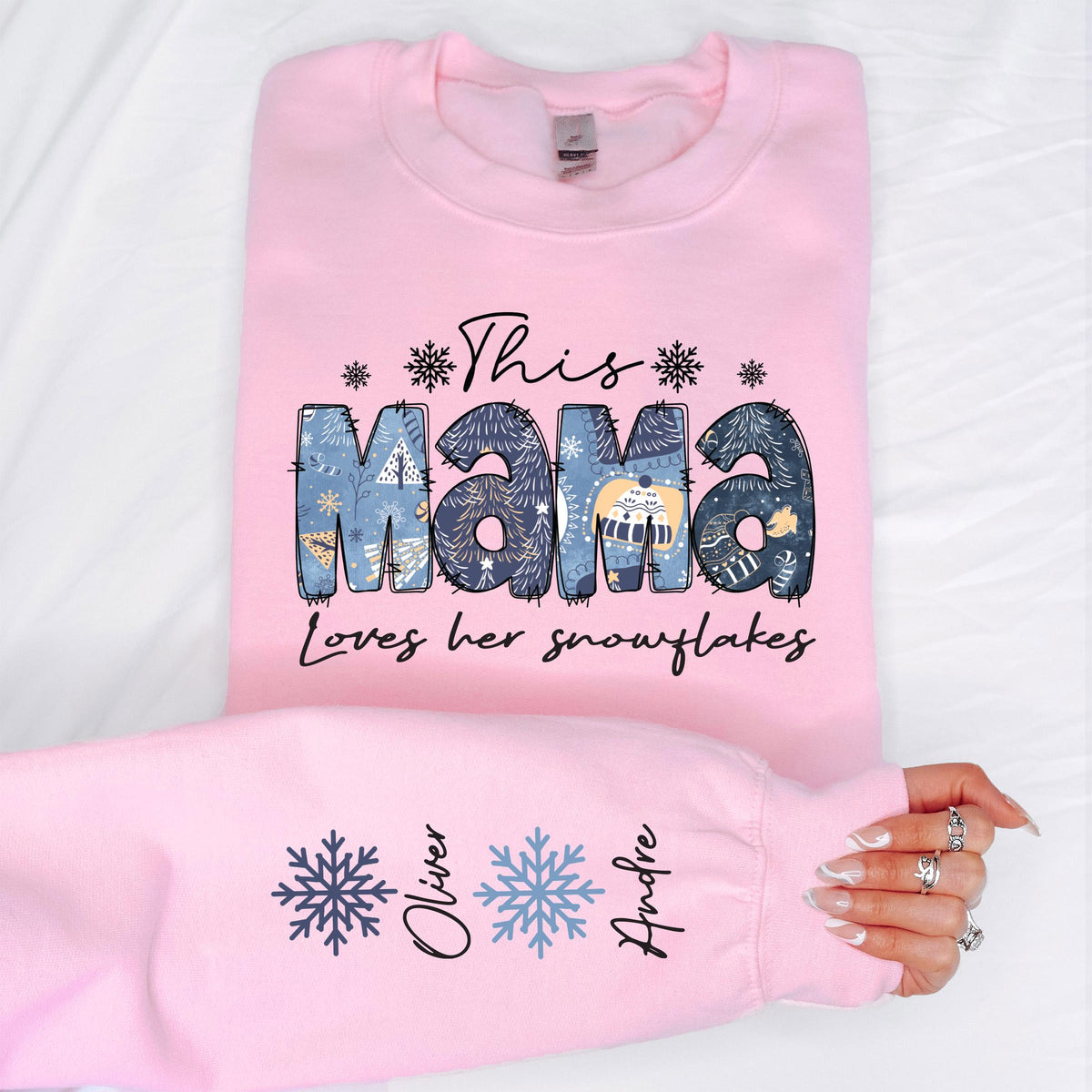 This Mama Loves Her Snowflakes Shirt, Custom Kids Name on Sleeve Sweatshirt, Mom Gift Tee
